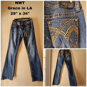 NWT Grace in LA Jeans Size 29 Easy Fit Bootcut Dark Wash Western Cowgirl Chic